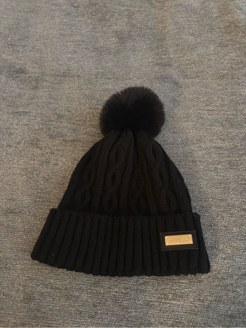 GUESS Black Cable-Knit Pom Beanie